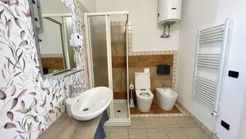 Shower, hair dryer, bidet, towels