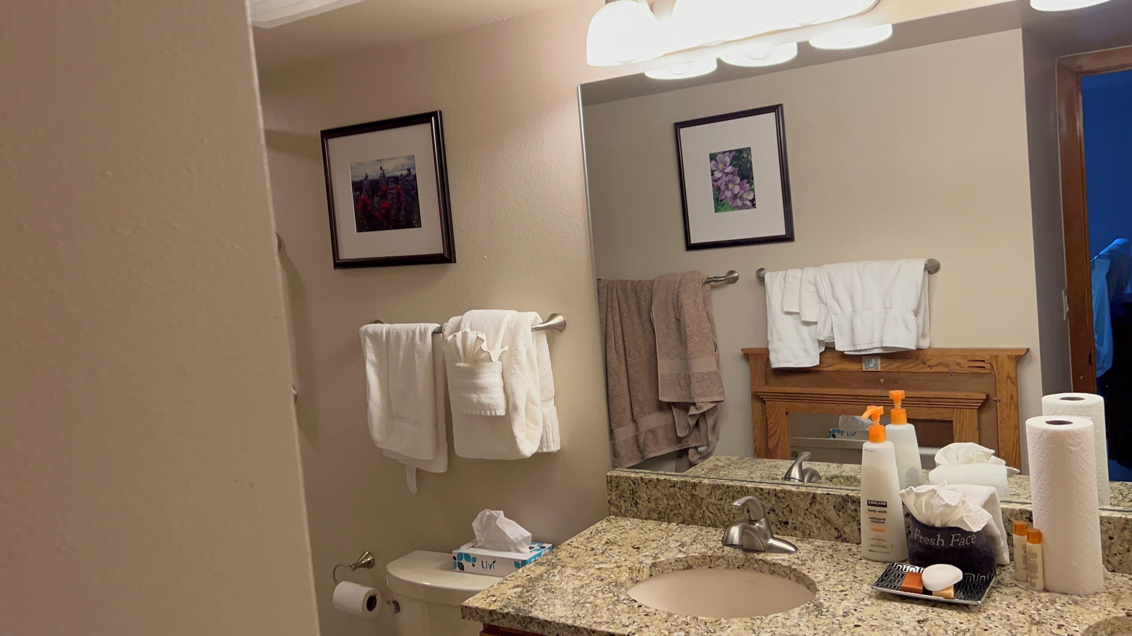 A bathroom with a sink, toilet, and two framed pictures on the wall.