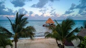A beach with a thatched-roof structure, palm trees, and calm sea.