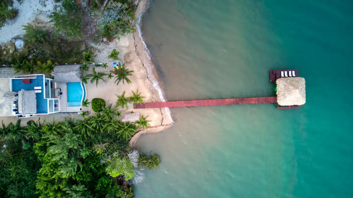 An aerial view of a beachfront property with a swimming pool, a dock extending into the water, and palm trees.