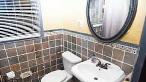 A bathroom with a toilet, sink, and a mirror. - Elegant Home with Spacious Bedrooms & Lush Yard (East Point)