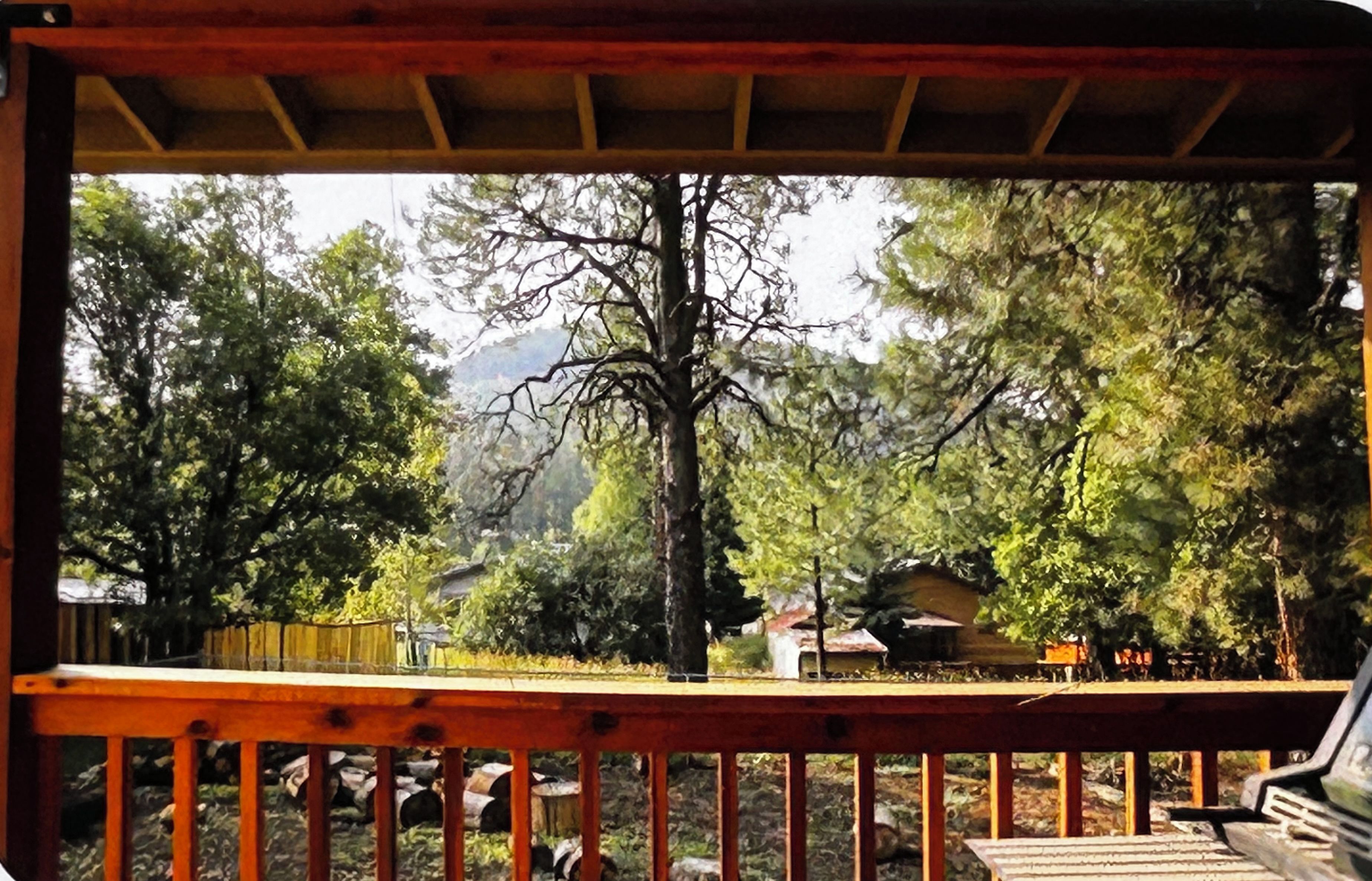 A wooden deck with a view of a forested area and a mountain in the background.