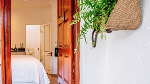 A hotel entrance with a wooden door, a woven mat, and a hanging plant.