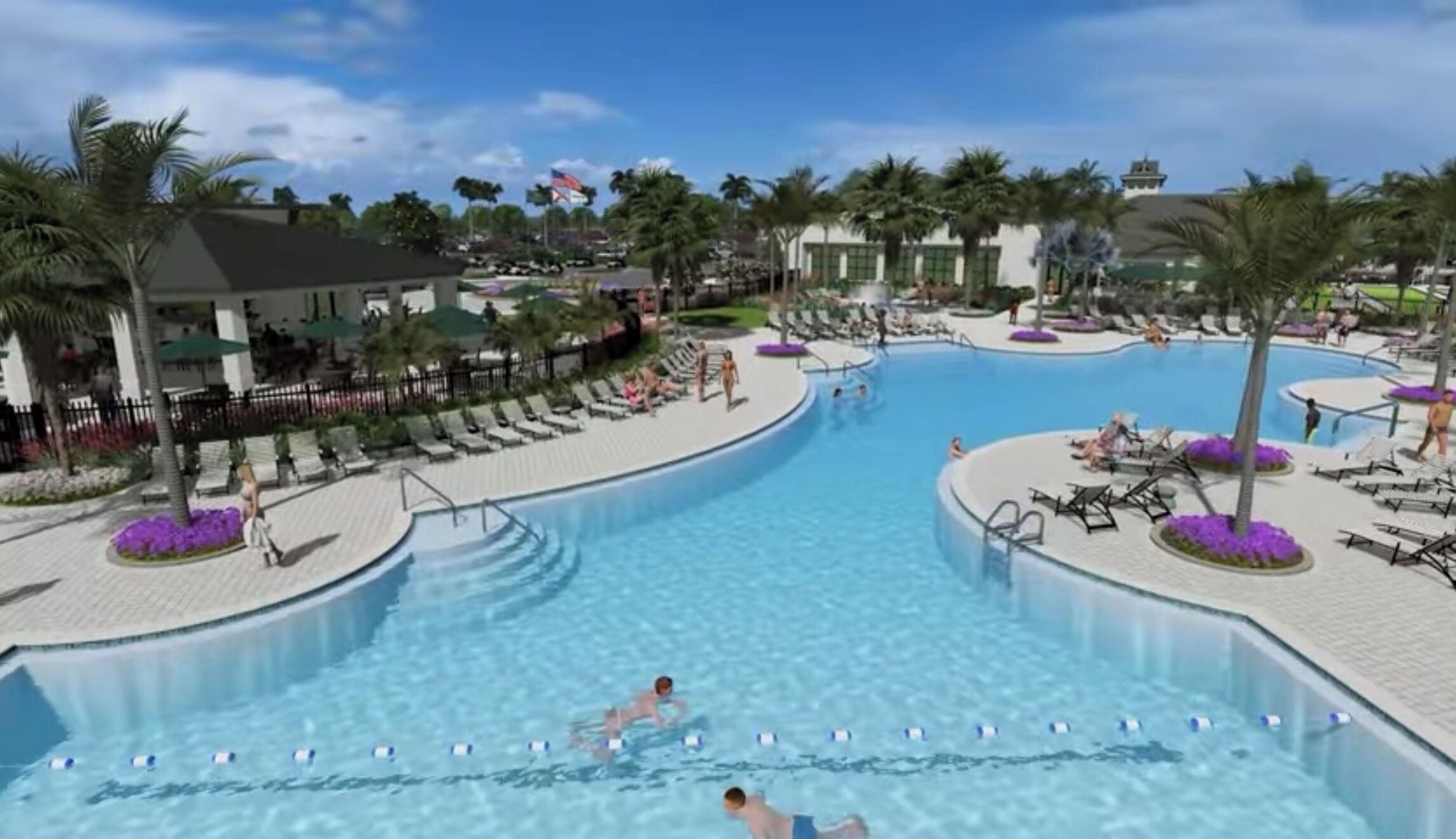 Ein gro ßer Pool mit mehreren Bahnen, umgeben von Liegestühlen und Palmen.