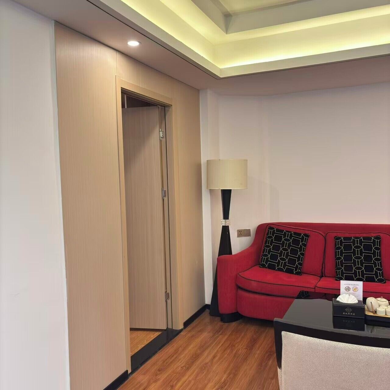 A hotel room with a wooden door, a red sofa with patterned cushions, a black table with a tissue box and a small item, and a floor lamp.