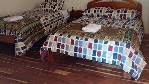 A room with two wooden beds, each with patterned bedding and a single pillow. A painting hangs on the wall above the beds. - Terrific 5-bedroom house in charming Cusco for your getaway (Cusco)