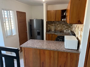 A compact kitchen with wooden cabinets, a granite countertop, a stainless steel refrigerator, a microwave, and a gas stove. - Palma Real W (Santiago de los Caballeros)