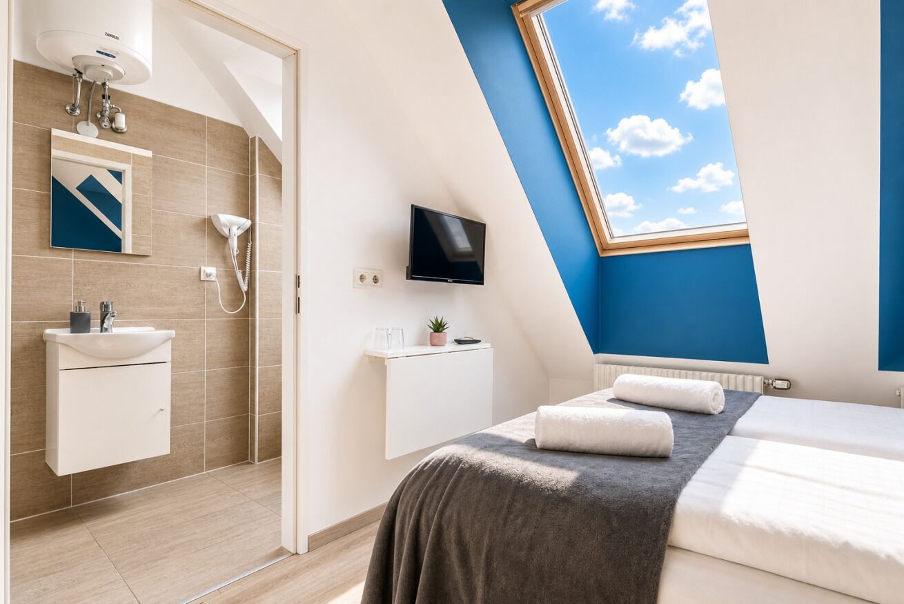 Une chambre à coucher comprenant un lit, une télévision, une petite table de chevet, une fenêtre donnant sur le ciel, et une salle de bain avec un lavabo et un miroir.