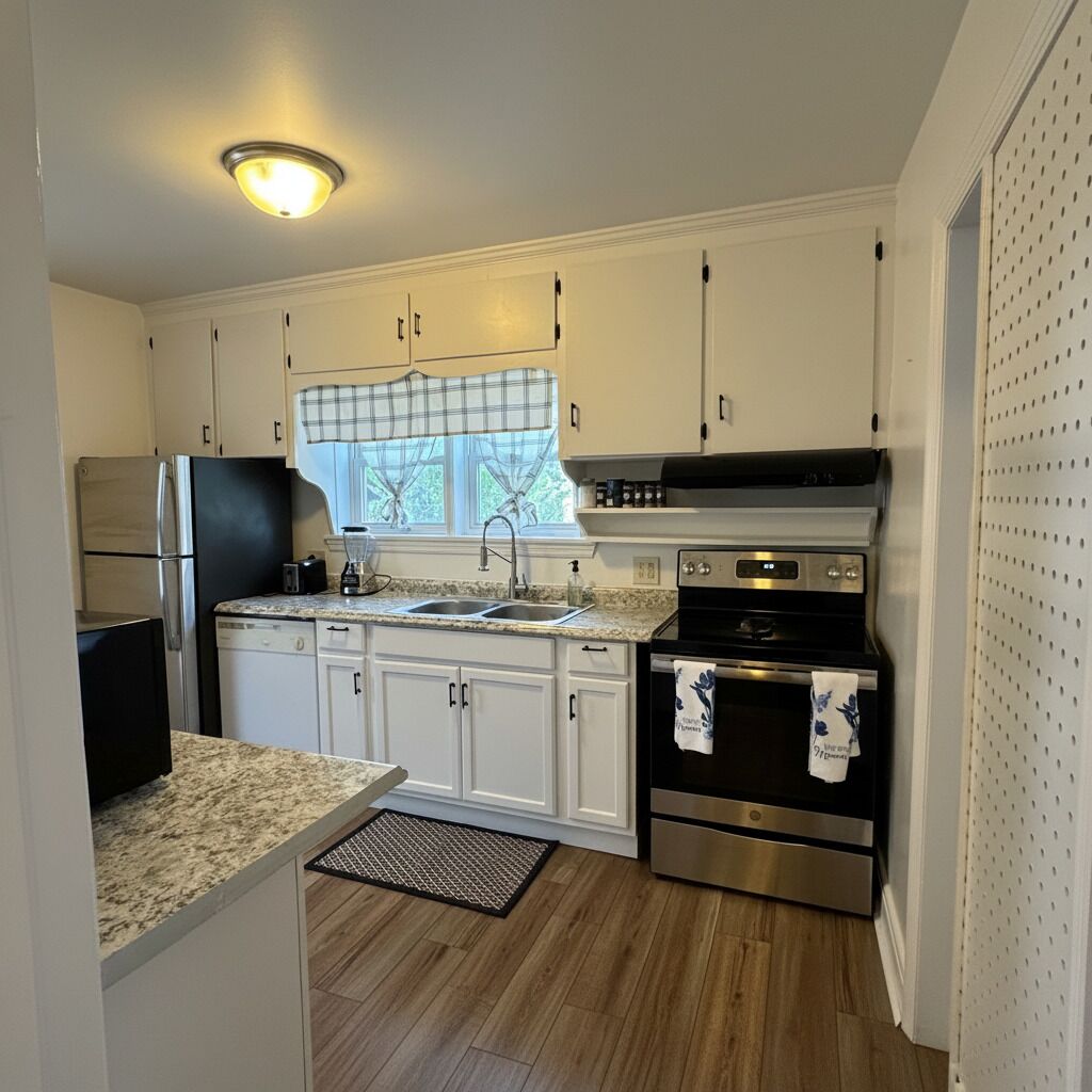 A compact kitchen with white cabinets, a stainless steel refrigerator, a black oven, and a window with a checkered curtain.