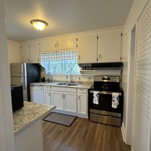 A compact kitchen with white cabinets, a stainless steel refrigerator, a black oven, and a window with a checkered curtain. - Welcome to Abreu,adorable Cape Cod-style home situated in the heart of Watertown (Watertown)