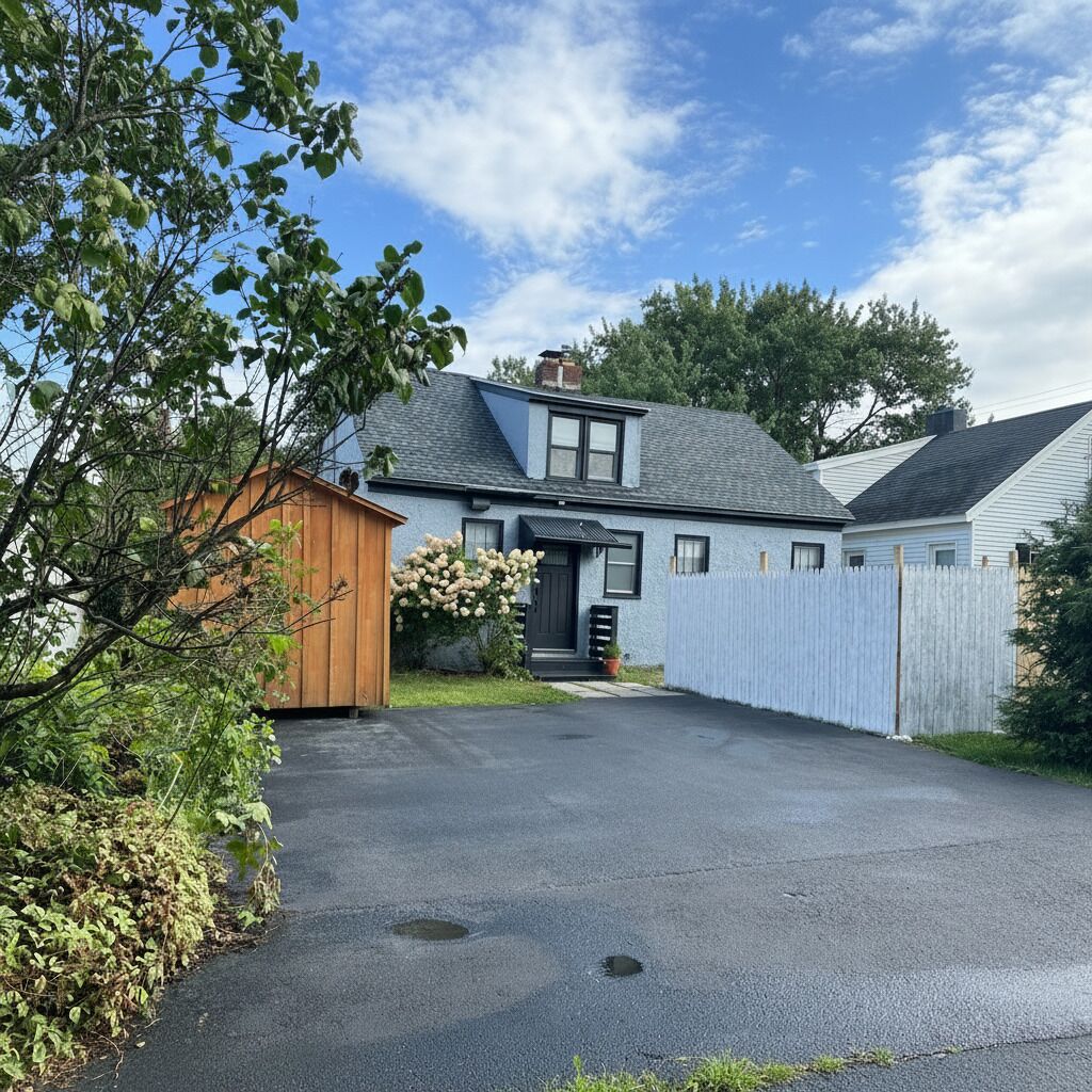 Een woonhuis met garage, houten tuinhuis en oprit.