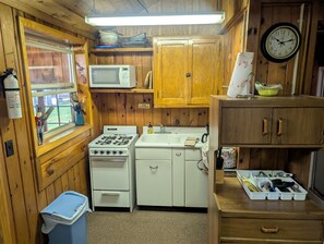 A compact kitchen with a stove, microwave, sink, and cabinets. - Honeymoon On The Water with private dock & Beach (Butternut)
