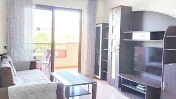 A living room with a sofa, a coffee table, a TV, and a sliding glass door leading to an outdoor area.