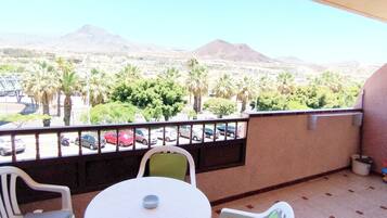 A balcony with a view of a cityscape, palm trees, and mountains.