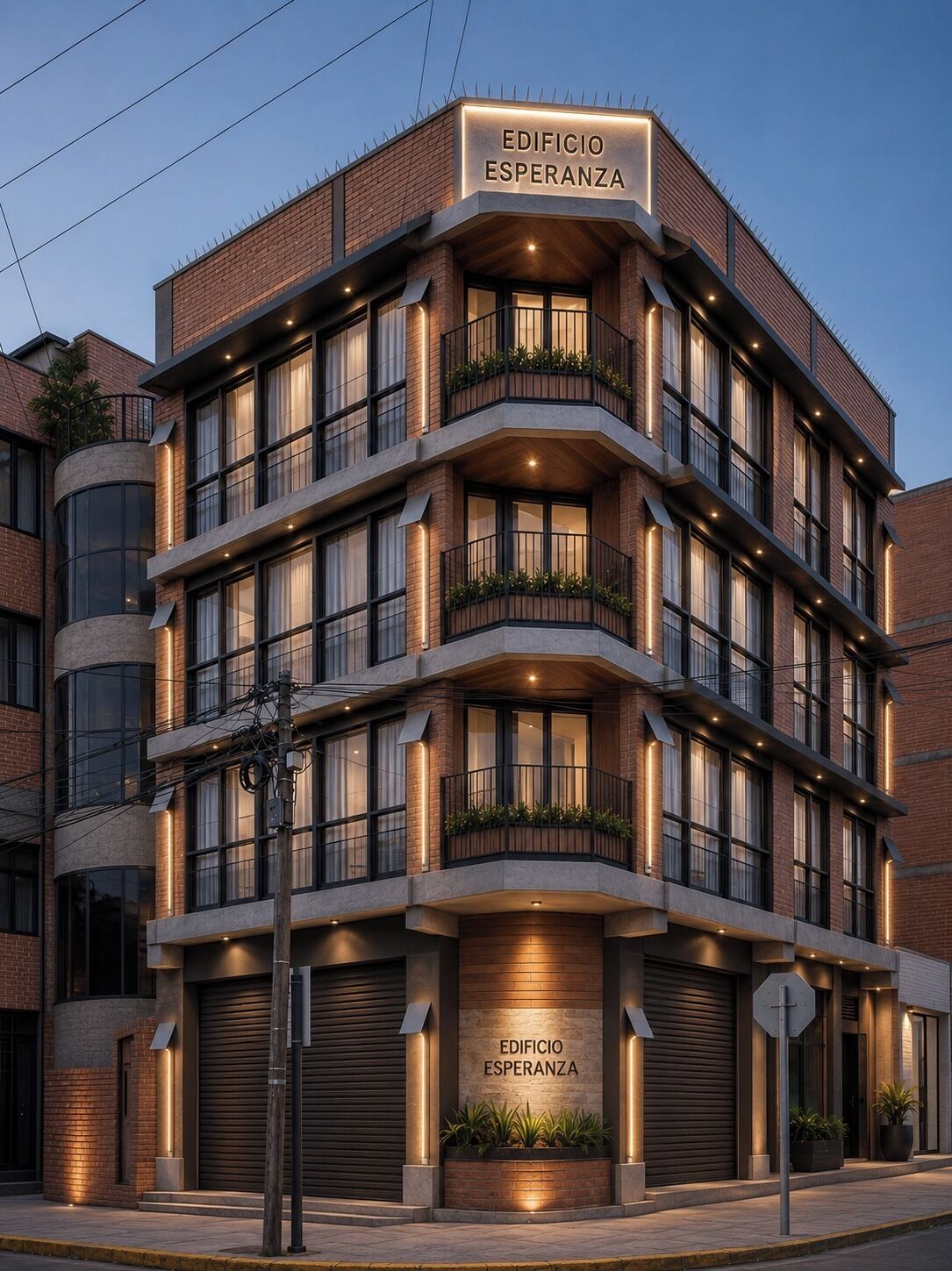 A multi-story building with a sign reading 'EDIFICIO ESPERANZA' at the entrance.