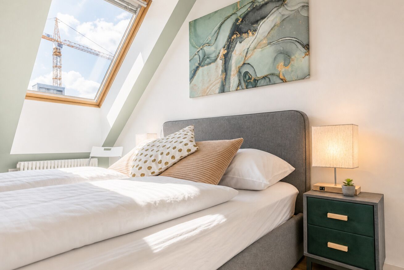 Ein Schlafzimmer mit Dachfenster, einem Bett mit weißer Bettwäsche, einem grauen Kopfteil und einem Nachttisch mit einer Lampe.