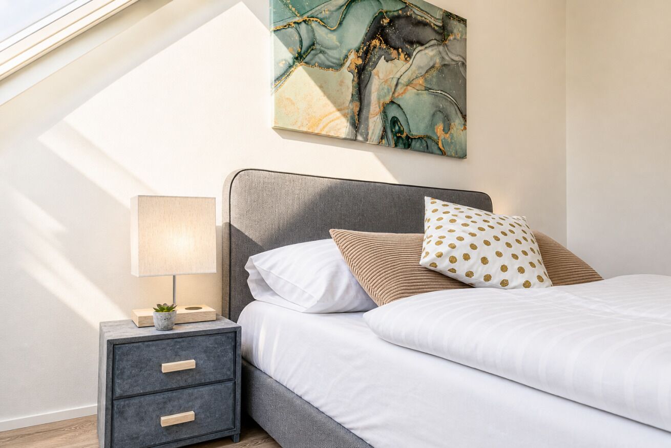 Ein Schlafzimmer mit einem Bett, einem Nachttisch, einer Lampe und einem an der Wand hängenden abstrakten Gemälde.