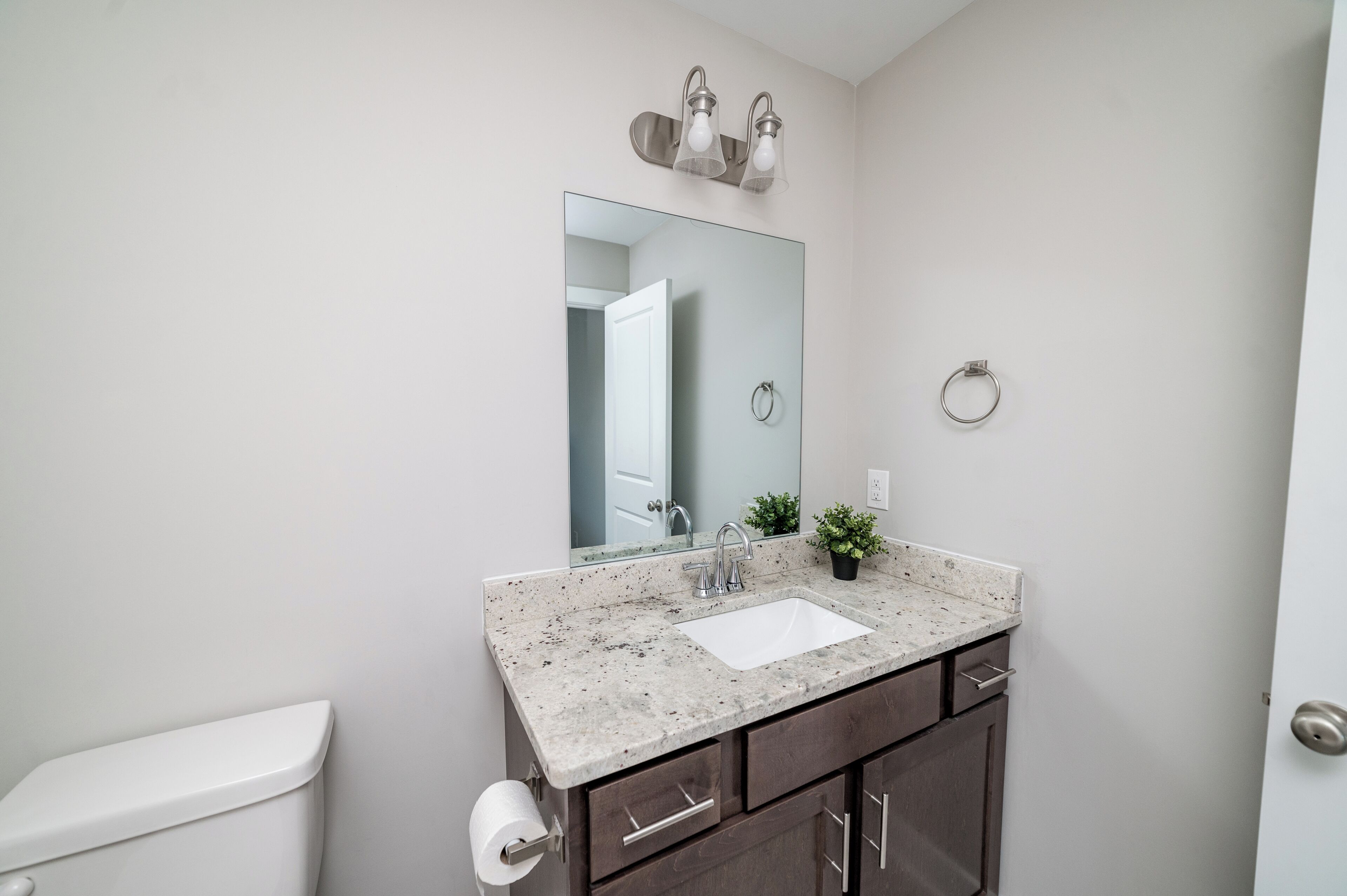 A bathroom with a marble countertop, a sink, a mirror, a toilet, and a small potted plant.