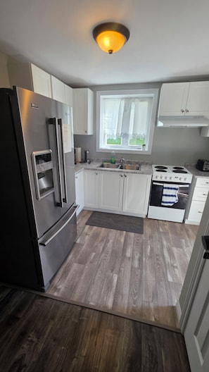Una cucina moderna con frigorifero in acciaio inossidabile, lavello doppio e piano cottura.