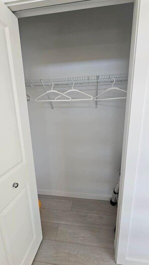 A closet with a metal hanger rack and a white door.