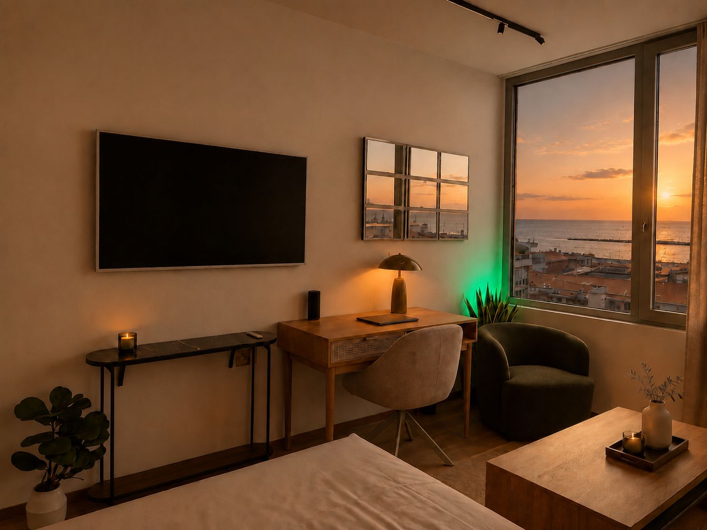 A hotel room with a bed, a desk, a chair, a TV, and a window with a sunset view.