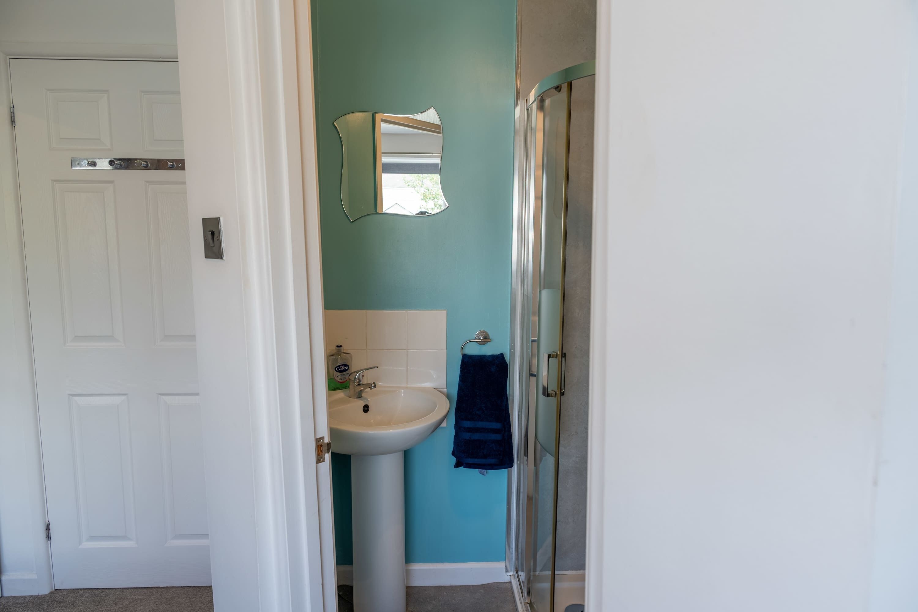 A bathroom with a white door, a sink, a mirror, and a shower.