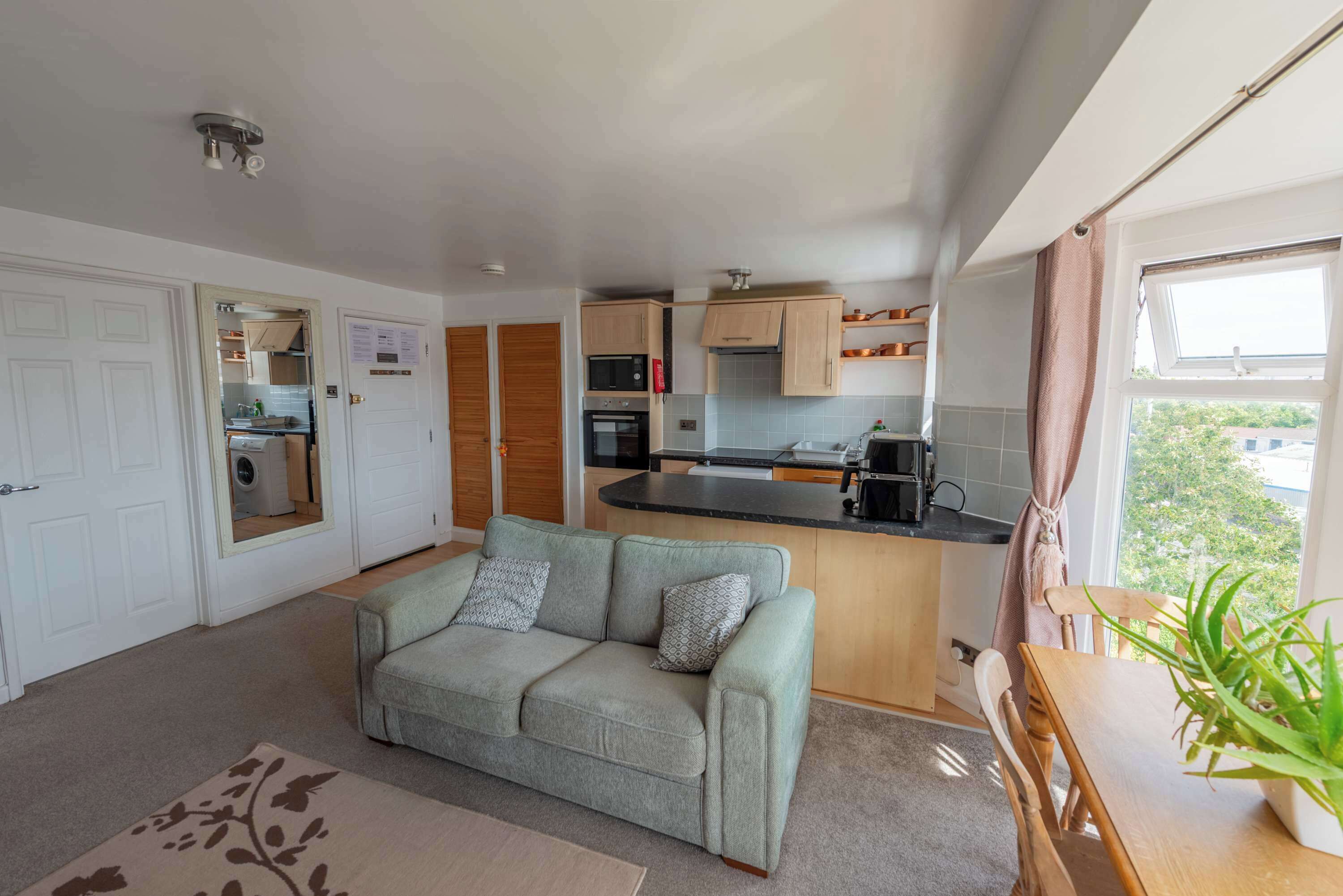 A compact living space with a kitchenette, a sofa, and a view of the outdoors.