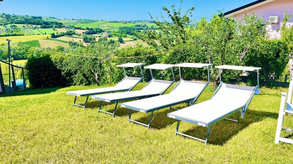 A row of sun loungers on a grassy lawn with a view of rolling hills in the background.