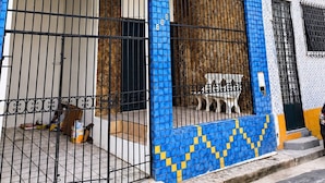 Un edificio de dos plantas con fachadas de azulejos azules, amplias ventanas de arco y un balcón visible.