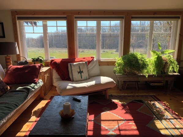 A cozy living room with a sofa, a coffee table with a candle, and a view of a garden through large windows. - 4-bedroom farmhouse in beautiful Hurleyville with AC comfort (Hurleyville)