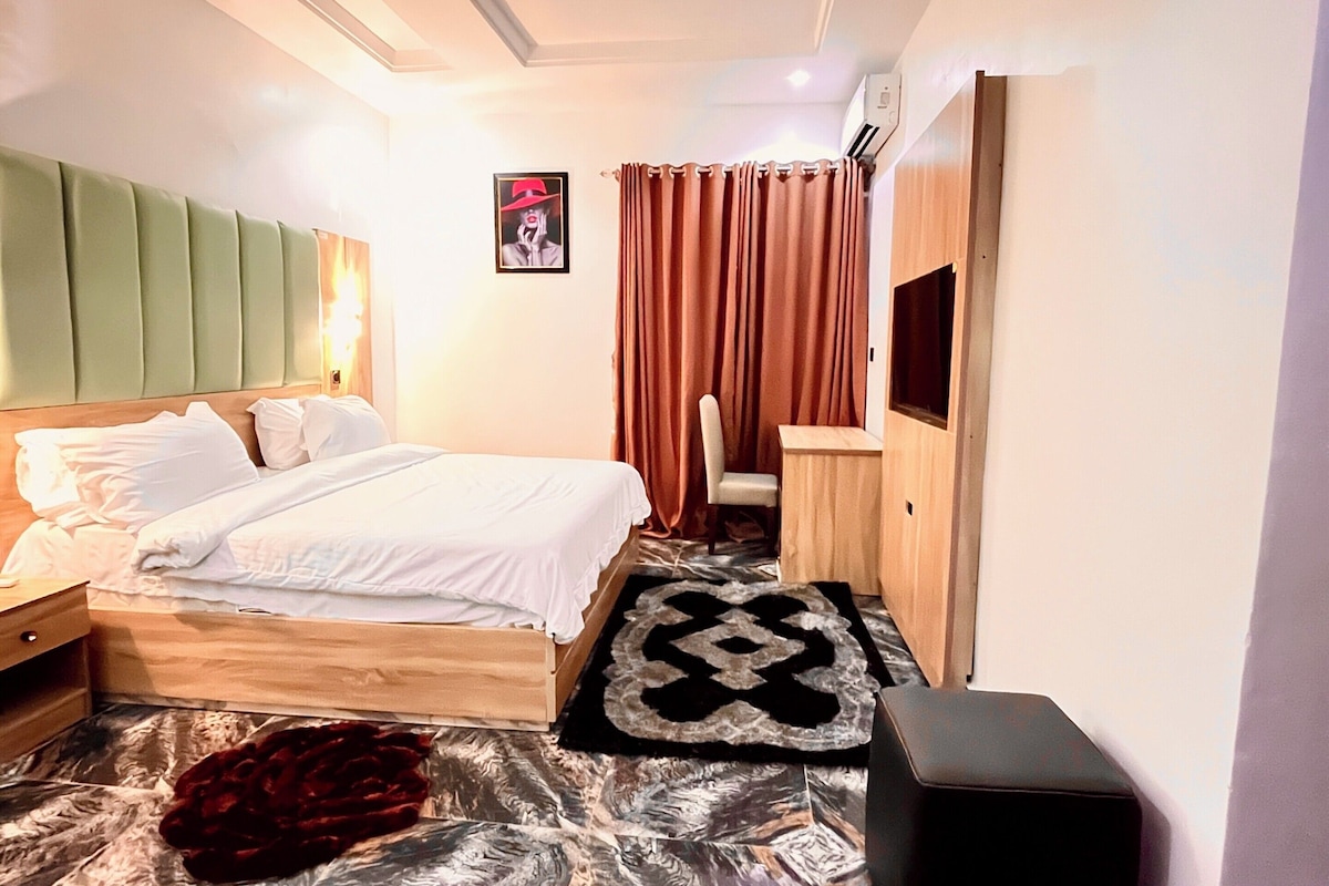A hotel room with a bed, a desk, a chair, a TV, and a patterned rug.