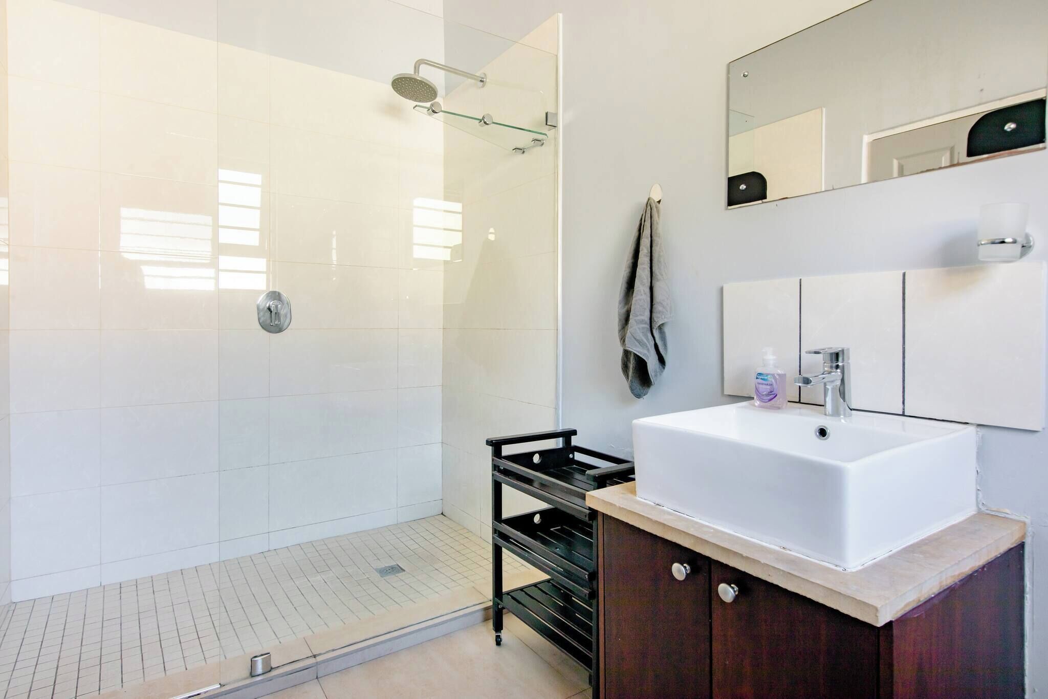 Une salle de bain moderne avec une douche à parois de verre, un lavabo blanc et un meuble en bois foncé.
