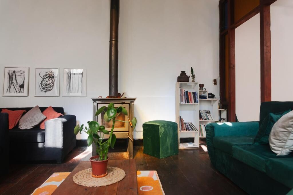 Een woonkamer met een zwarte bank, een groene bank, een salontafel met een plant, een boekenkast en een open haard.