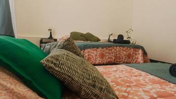 A room with two beds, each with a different patterned bedspread. There is a small table with a lamp and a plant on it.