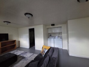 Espai vital compacte amb un sofà, una televisió, una rentadora i una zona de cuina.