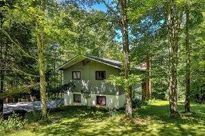 Une maison à deux étages, entourée d’arbres, située dans une zone boisée.