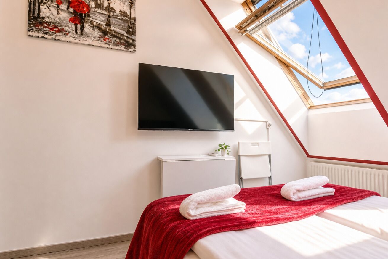 Une chambre à coucher avec un lit, un téléviseur fixé au mur, une fenêtre et un radiateur.