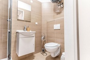 A modern bathroom with a white sink, toilet, and shower area.