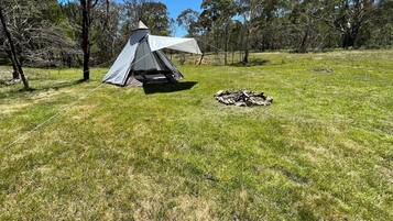 A tent set up on a grassy field with trees in the background.