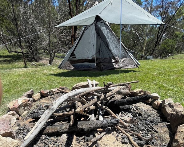 Una carpa montada en una zona con césped y un brasero cerca.