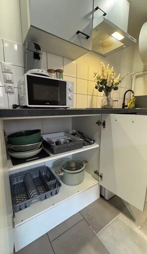 A kitchen with white cabinets, a microwave, a dish rack, and a small plant.