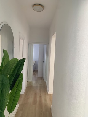Un pasillo con suelo de madera, paredes blancas y una planta verde grande a la izquierda.