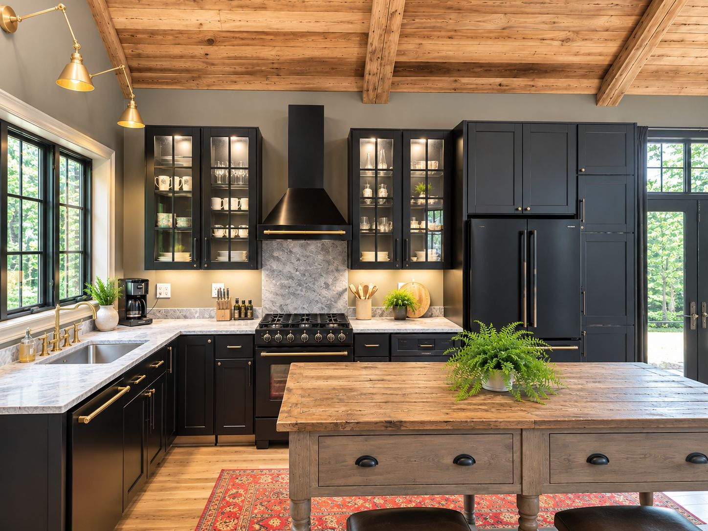 Een moderne keuken met donkere kastjes, een houten plafond en een centraal eiland met een rustieke tafel.