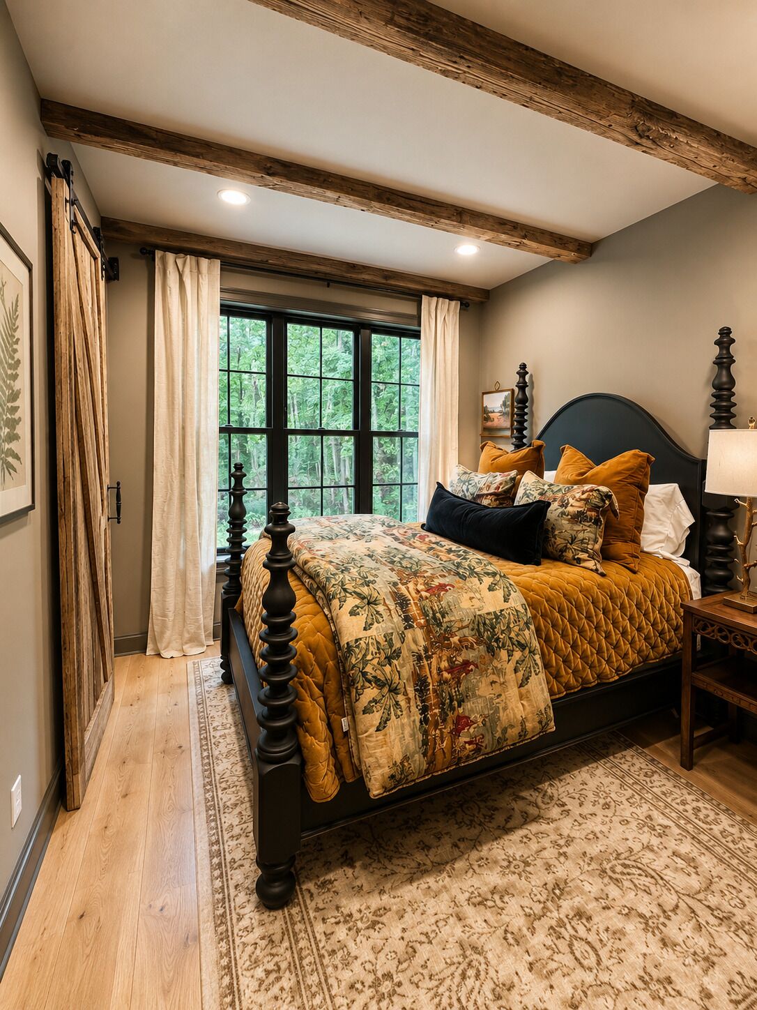 A bedroom with a large bed, a window with curtains, a nightstand with a lamp, and a wooden ceiling.
