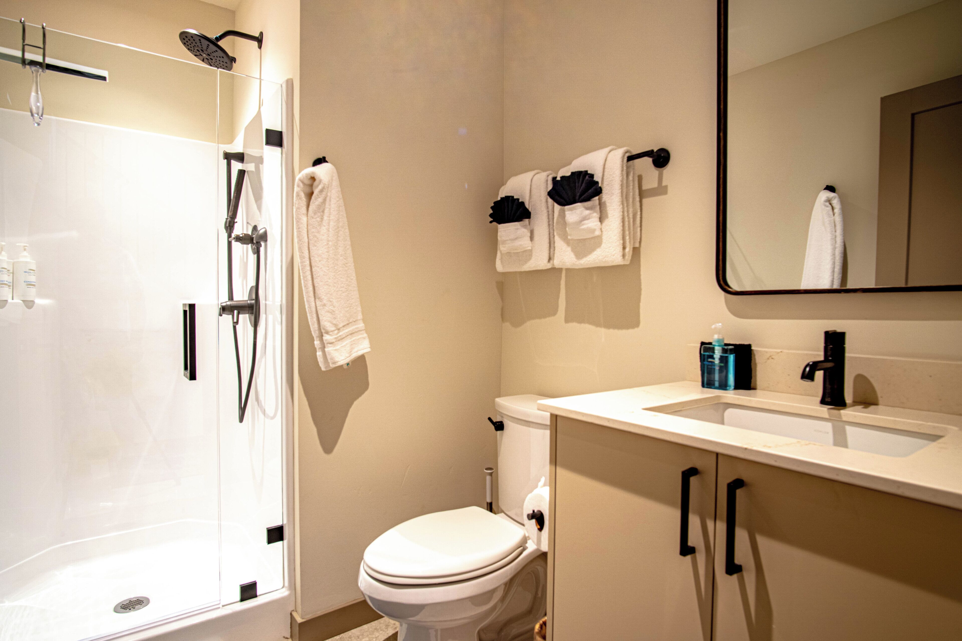 A bathroom with a shower, toilet, sink, and a mirror.