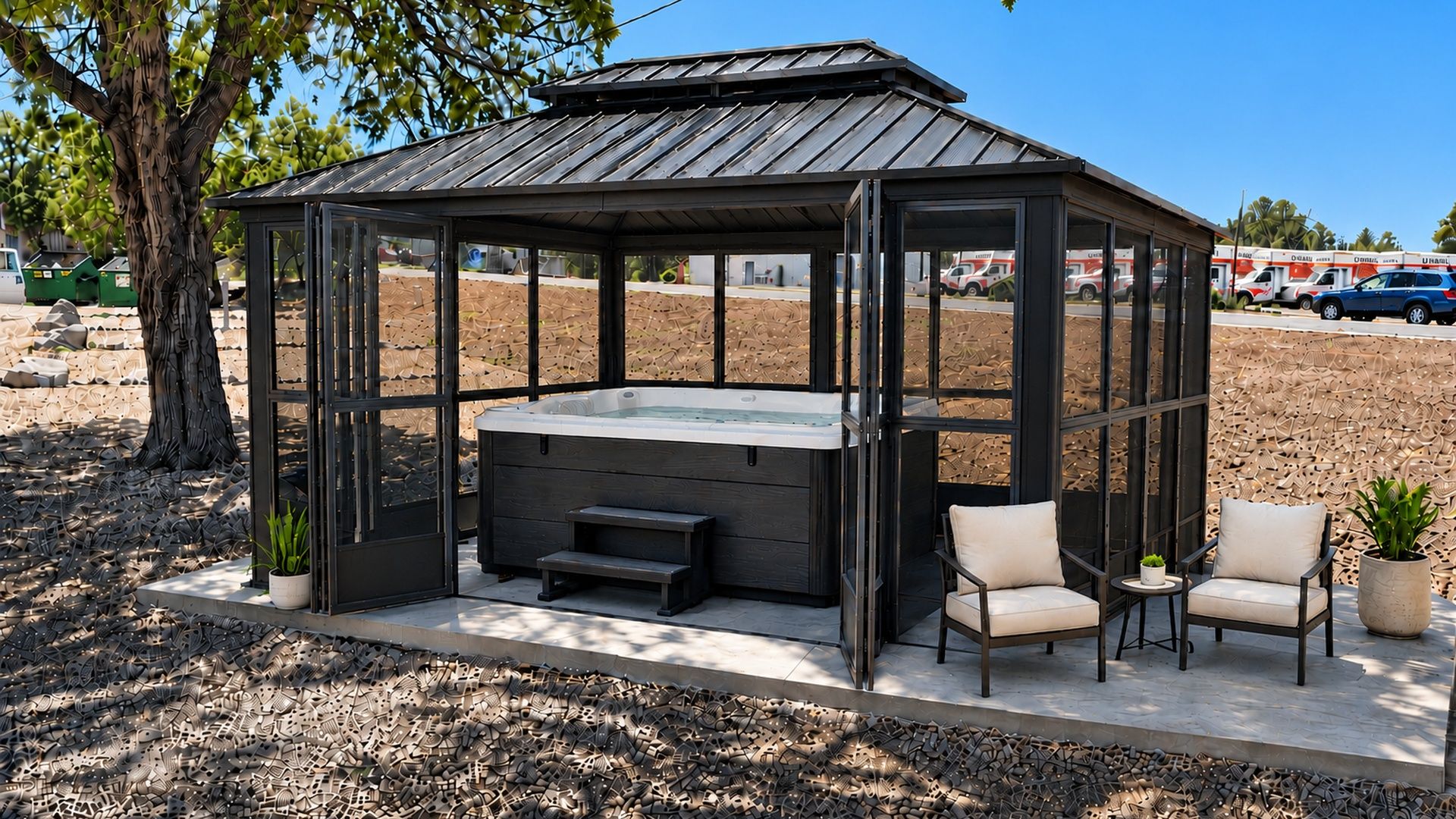 Een tuinhuisje met glazen wanden, een jacuzzi en twee stoelen.