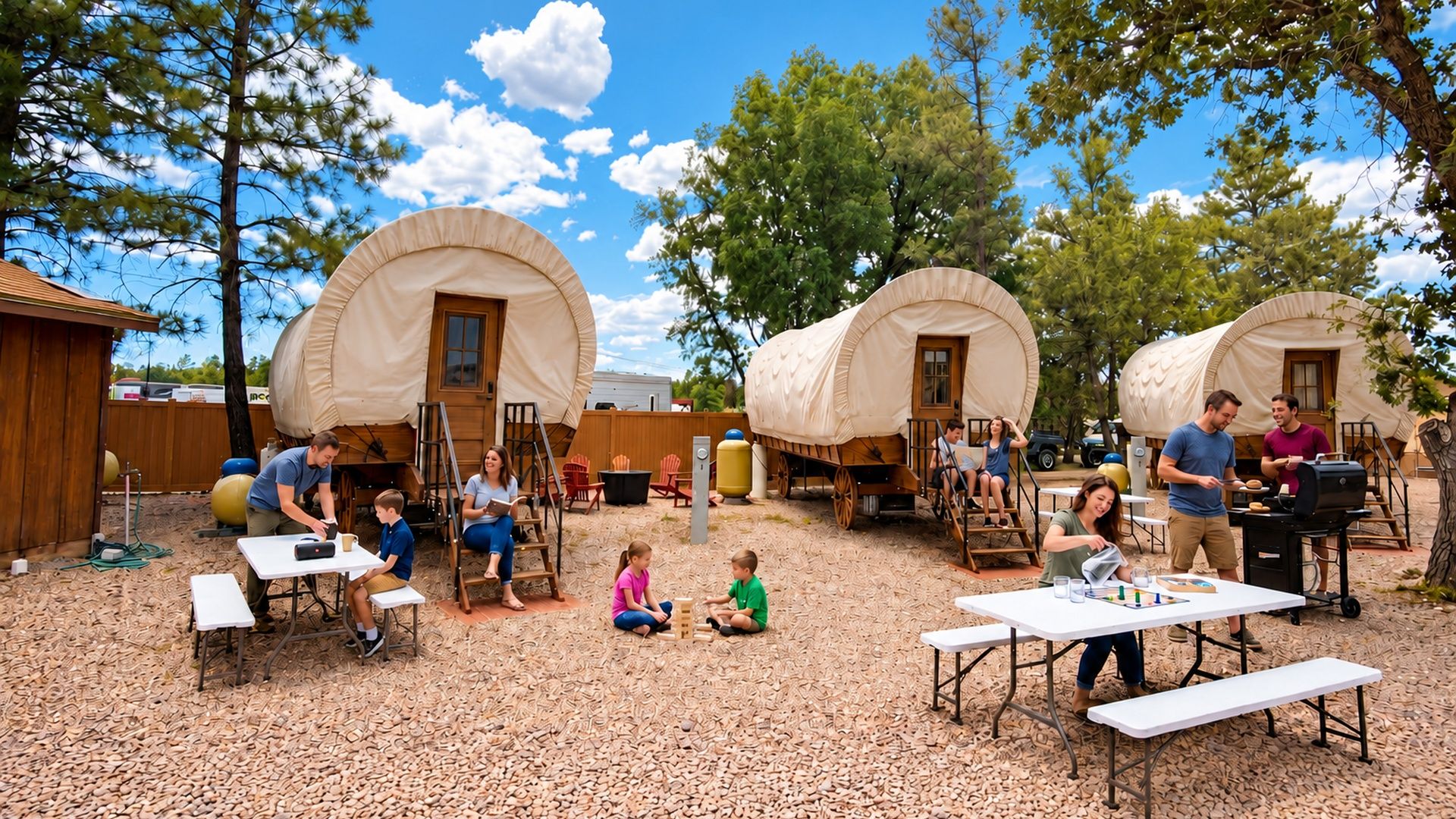 Un campamento con carros cubiertos, mesas de picnic y gente realizando diversas actividades.
