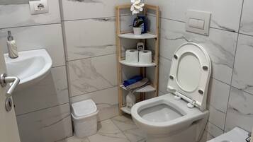 Un bagno con toilette, bidet, lavandino e ripiano con articoli da toilette.