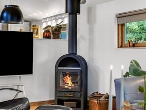A modern living room with a black wood-burning stove, a flat-screen TV, and a comfortable seating area. - "Gesine" - 20km to the fjord by Interhome (Toftlund)