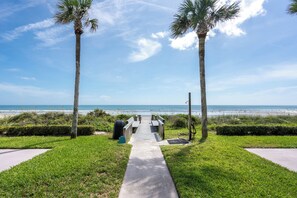 A pathway leading to a beach with palm trees and a clear sky. - Ocean House 317: 2BR, 2BA beachfront condo with pool, balcony, views (St. Augustine)